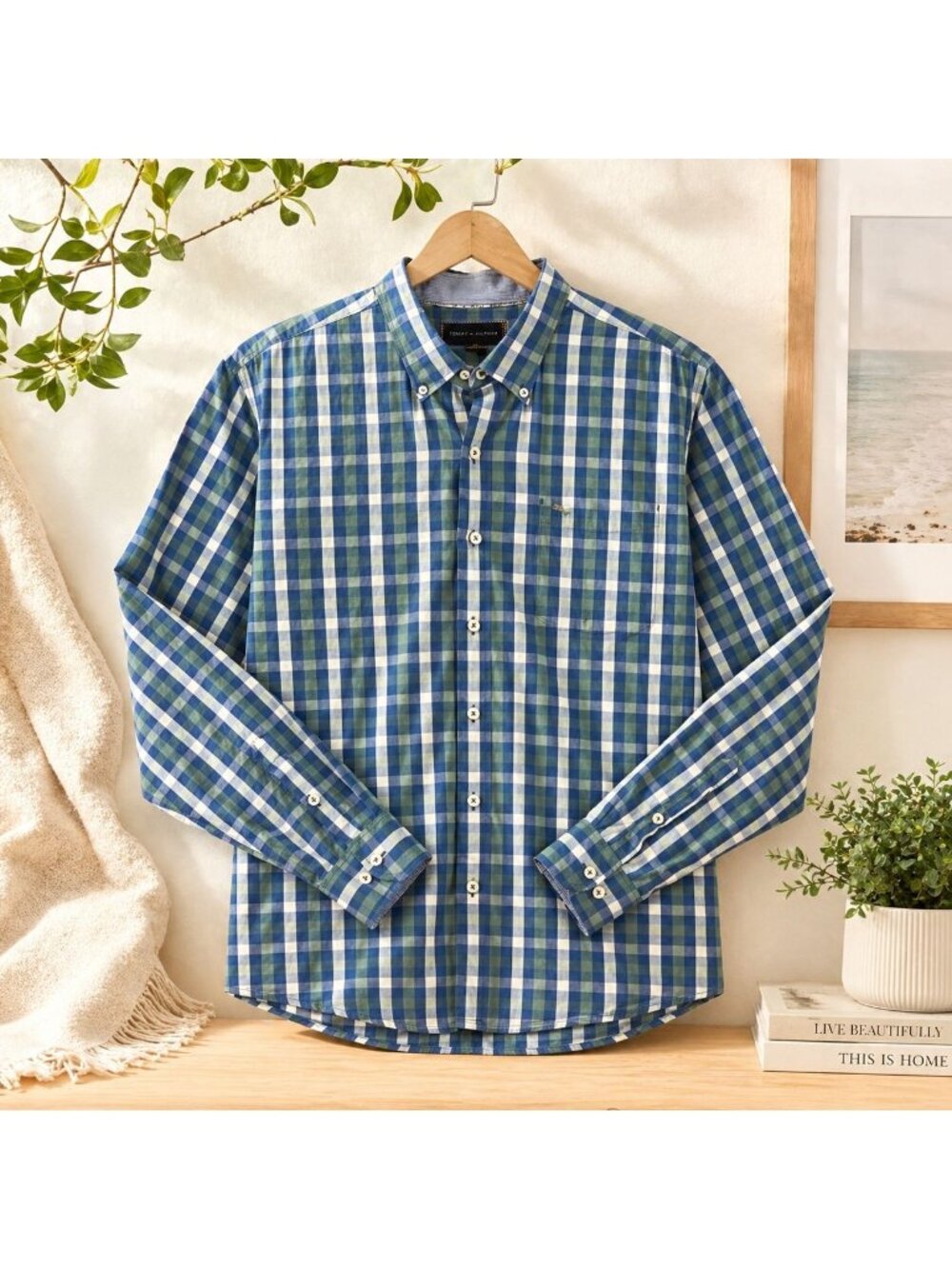 Tommy Bahama Shirt Mens XL Pima Cotton Blue Green Check Button Down Long Sleeve